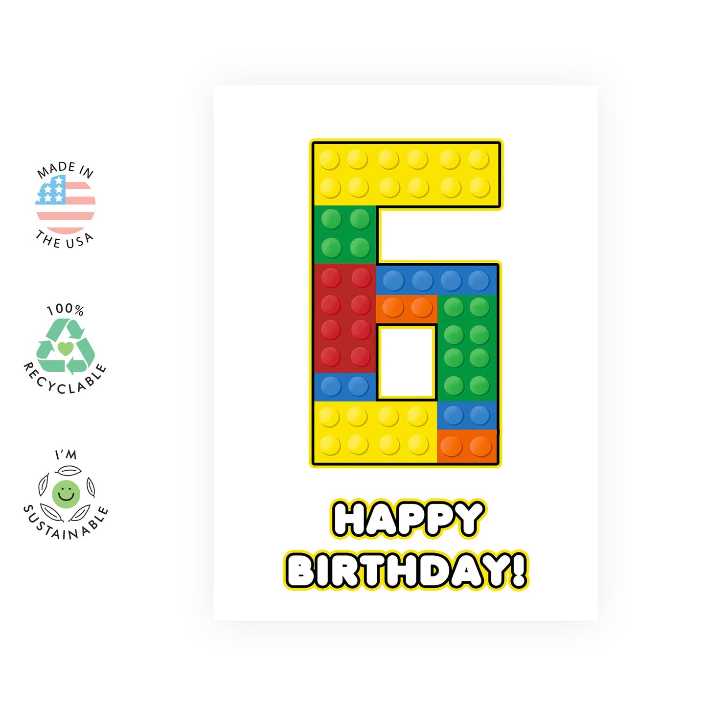 6th Birthday Card - 6 Building Block - Toddler Milestone Cards Age Six Year Old - Sixth Birthday Cards - Building Block - Gifts For Boys Grandson Nephew - Comes With Sticker