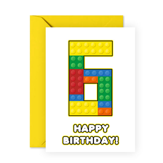 6th Birthday Card - 6 Building Block - Toddler Milestone Cards Age Six Year Old - Sixth Birthday Cards - Building Block - Gifts For Boys Grandson Nephew - Comes With Sticker