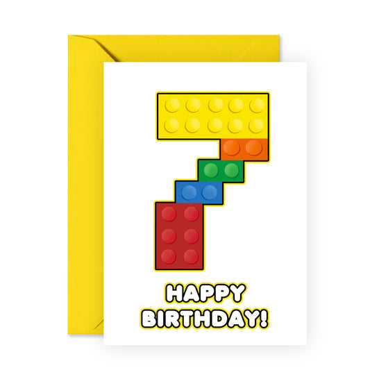 7th Birthday Card - 7 Building Block - Toddler Milestone Cards Age Seven Year Old - Seventh Birthday Cards - Building Block - Gifts For Boys Grandson Nephew - Comes With Sticker