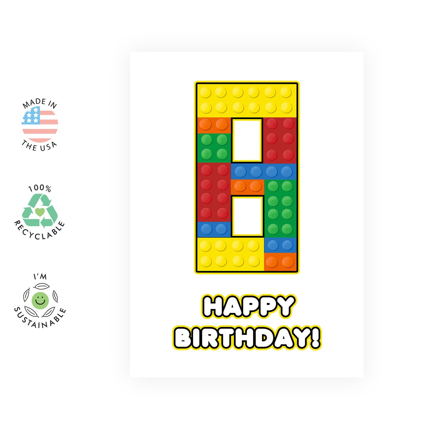 Eighth Birthday Card For Boys - 8 Building Block - Happy 8th Birthday Greeting Card For Kids - Eight Years Old - Milestone Baby Cards Age Eight - Child - Comes With Sticker