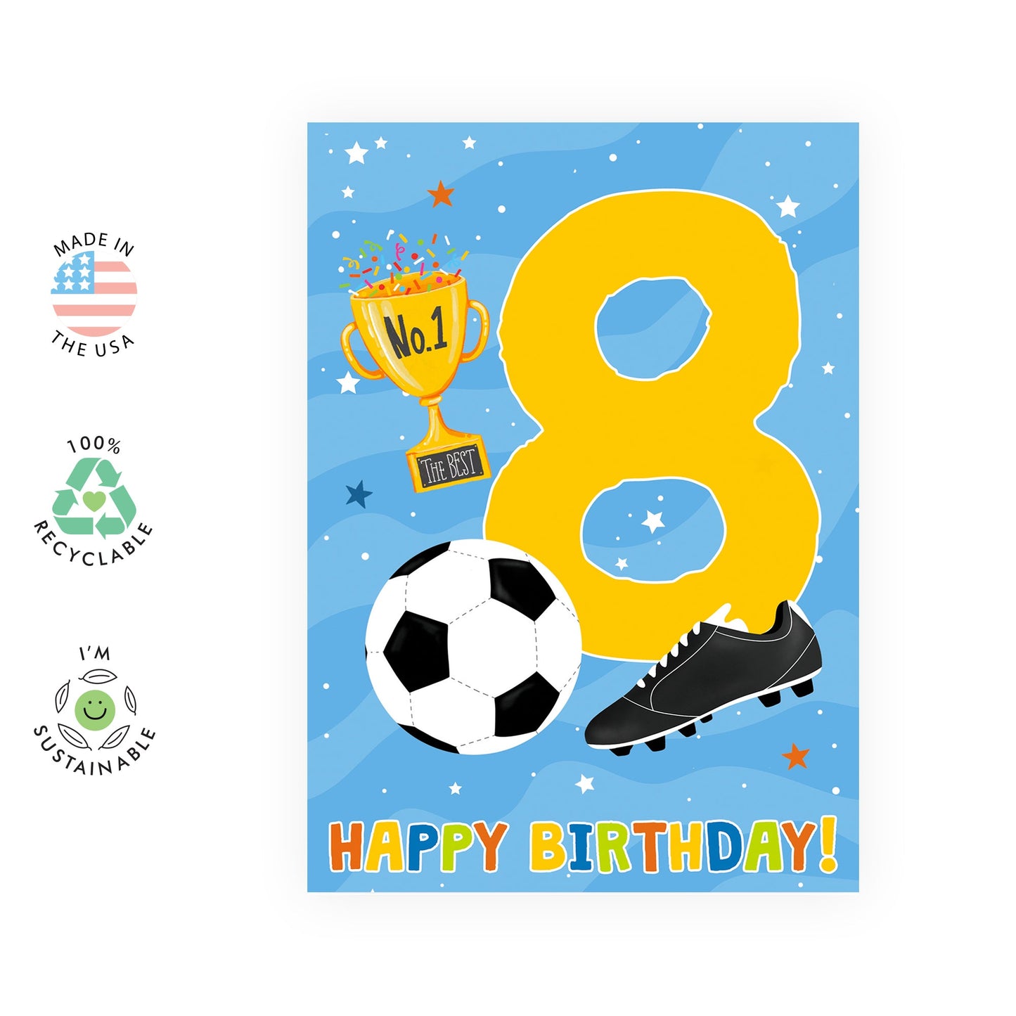 Eighth Birthday Card For Boys - Football Age 8 - Happy 8th Birthday Greeting Card For Kids - Eight Years Old - Football - Milestone Baby Cards Age Eight - Child - Comes With Sticker