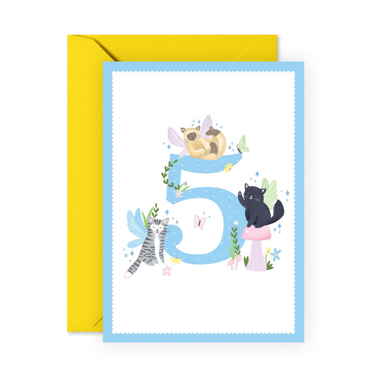 Birthday Card 5 Year Old Girl - Fairy Cat 5 Years - Happy 5th Birthday Card For Kids Five Years Old - 5th Bday - Gift For Daughter Granddaughter Sister Niece - Comes With Fun Stickers