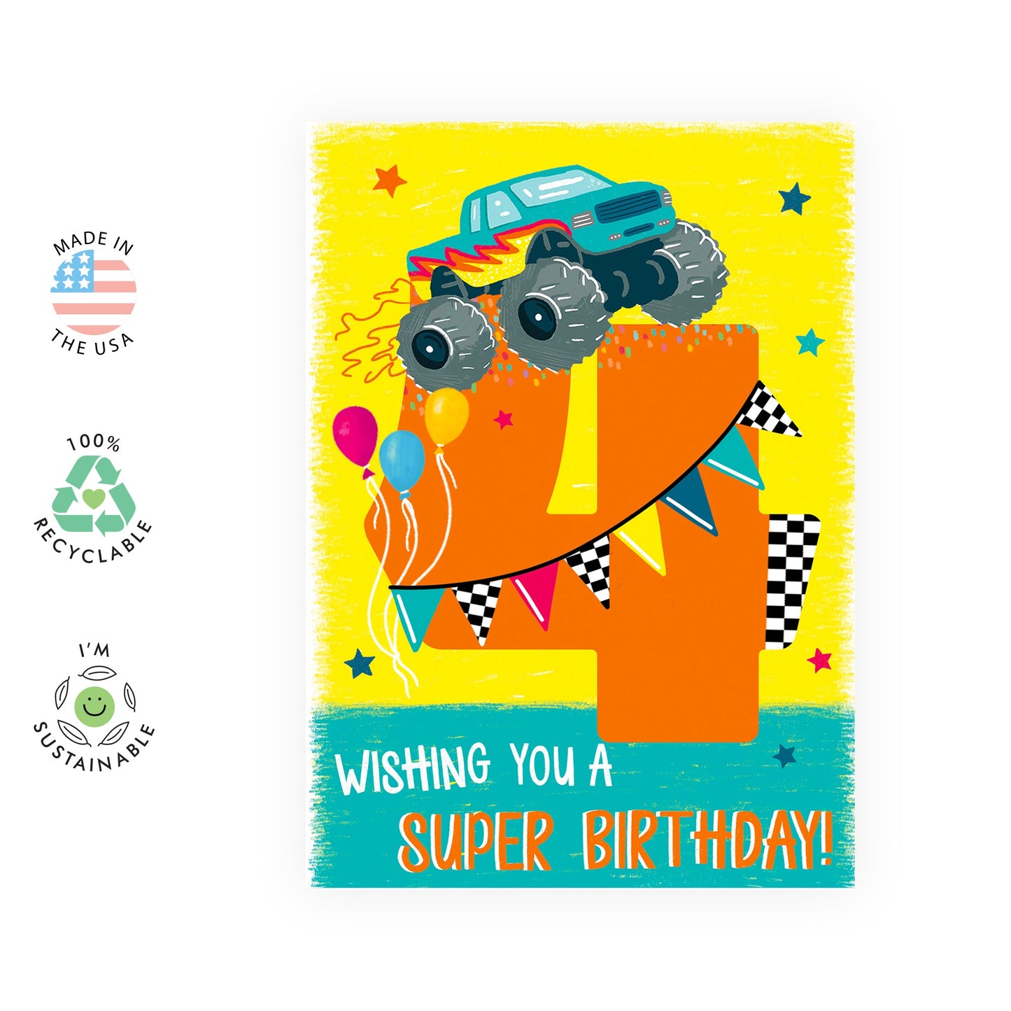 4 Year Old Boy Birthday Card - 4 Monster Truck Birthday - Happy Birthday Card Kids - Age Four - Animals Forth Bday - Gifts Son Nephew Grandson - From Mom Dad - Comes With Fun Stickers