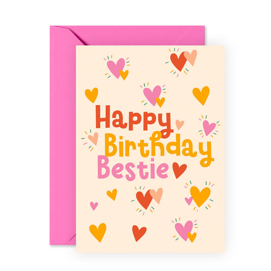 Happy Birthday Bestie Card – Cute Colourful Hearts – Fun and Playful Card for Friend, BFF, Soul Sister, Roommate, She, Her, Girls, Women, Ladies, Girlfriend - Comes with Stickers