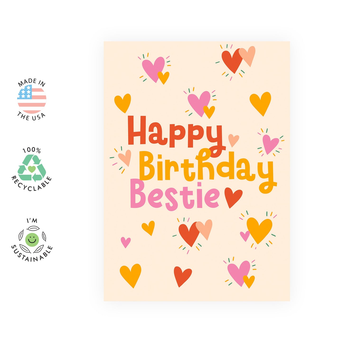 Happy Birthday Bestie Card β Cute Colourful Hearts β Fun and Playful Card for Friend, BFF, Soul Sister, Roommate, She, Her, Girls, Women, Ladies, Girlfriend - Comes with Stickers
