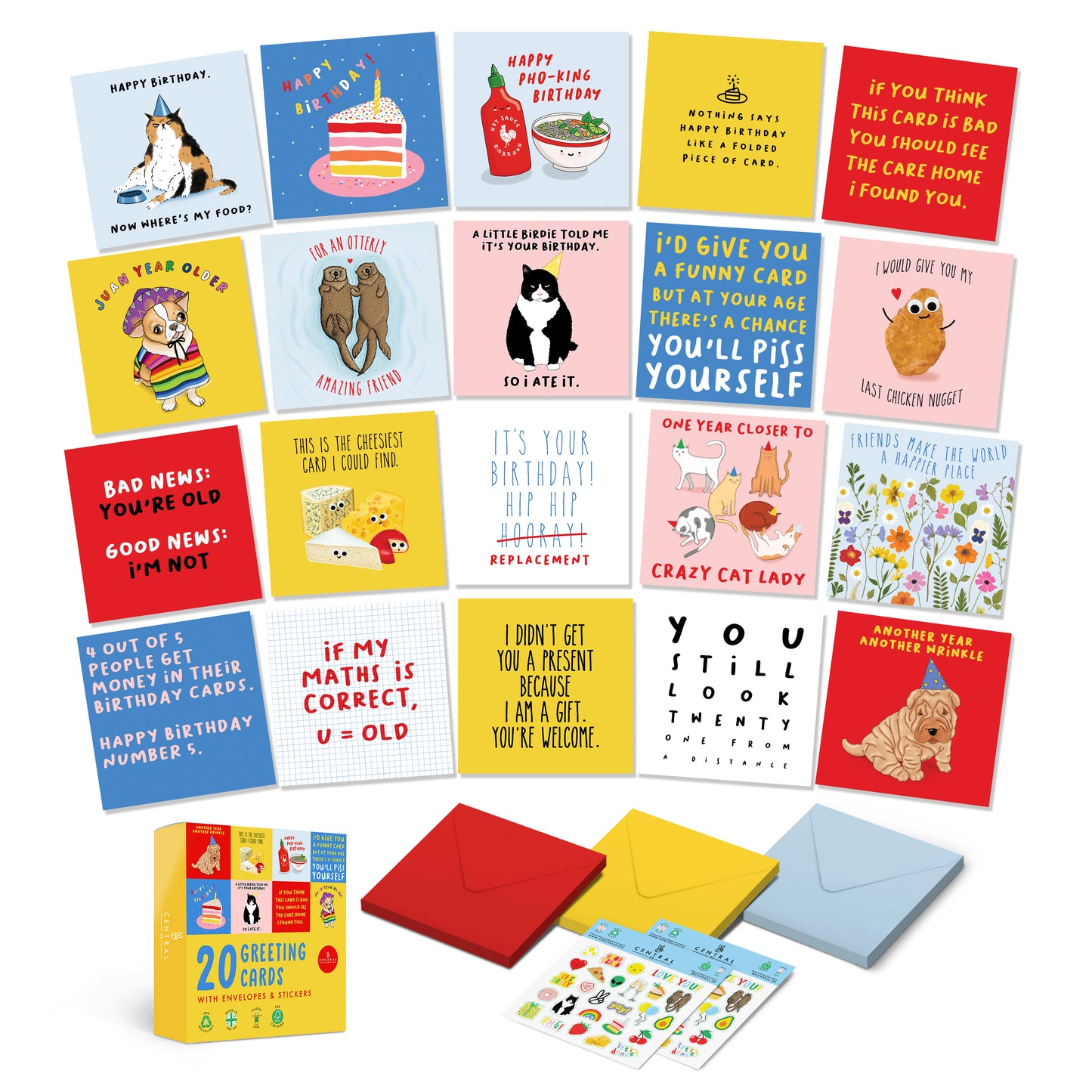 Funny Birthday Cards Multipack - 20 Pack Assortment - For Men Women Boys Girls Him Her