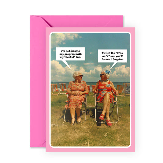 Funny Retro Birthday Card - Bucket List - Hilarious Greeting Card For Women - Sister Cousin Grandma Mom - Best Friend - Comes With Stickers