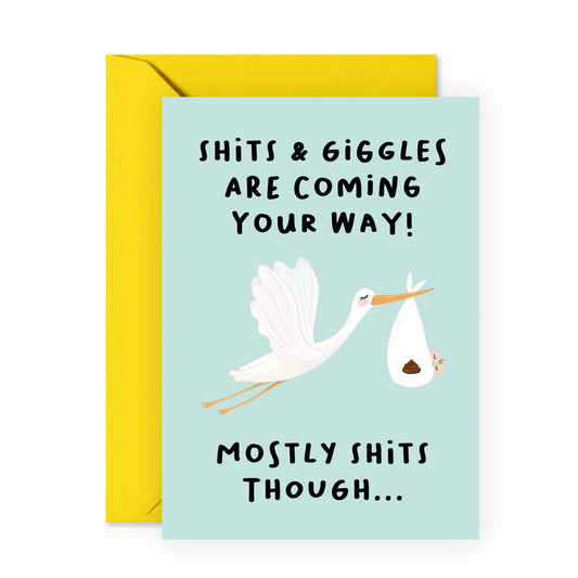 Baby Shower Card Funny - New Baby Shits And Giggles - Stork Bird - New Baby Card Boy Girl - Pregnancy Baby Cards Congratulations - Hilarious Gifts For Friends New Mom - Comes With Stickers By Central