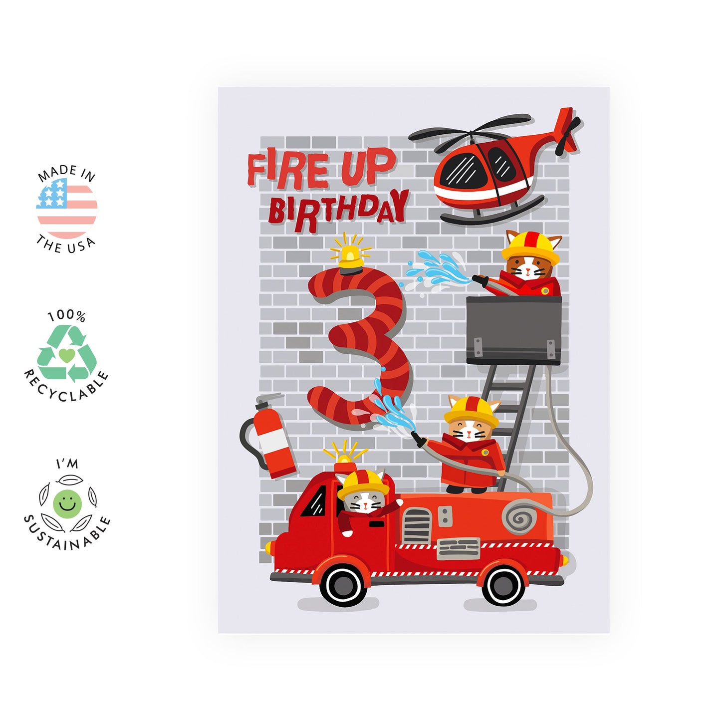 3rd Birthday Card - Fire Truck & Helicopter - Happy 3rd Birthday Gift for Kids - Comes with Stickers