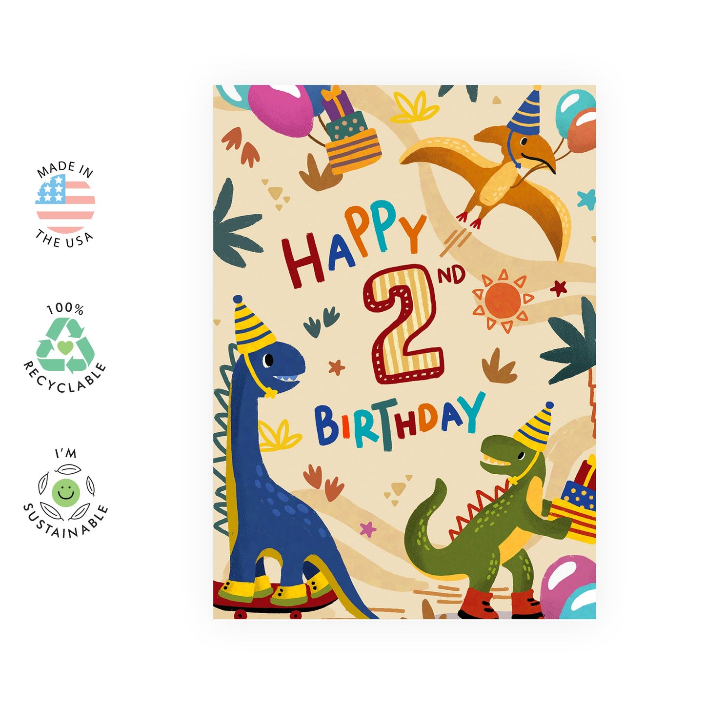 2nd Birthday Card For Kids - Happy Second Birthday - Dinosaur Birthday Card For Boys - 2 Year Old - Age Two - Gifts For Son Grandson Nephew - Comes With Stickers