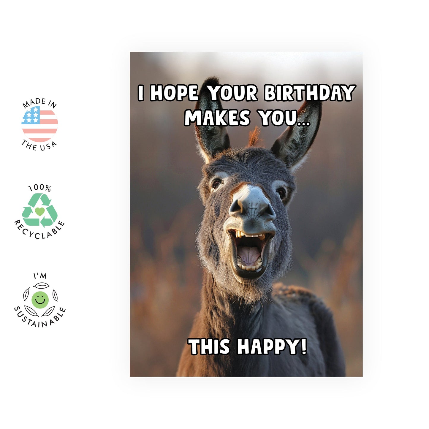 Funny Donkey Birthday Card - 'Cute Donkey Happy' - Gifts for Friends, Him, Her, Besties, Buddies, Pals, Family, Colleagues, Coworkers - Comes with Fun Stickers