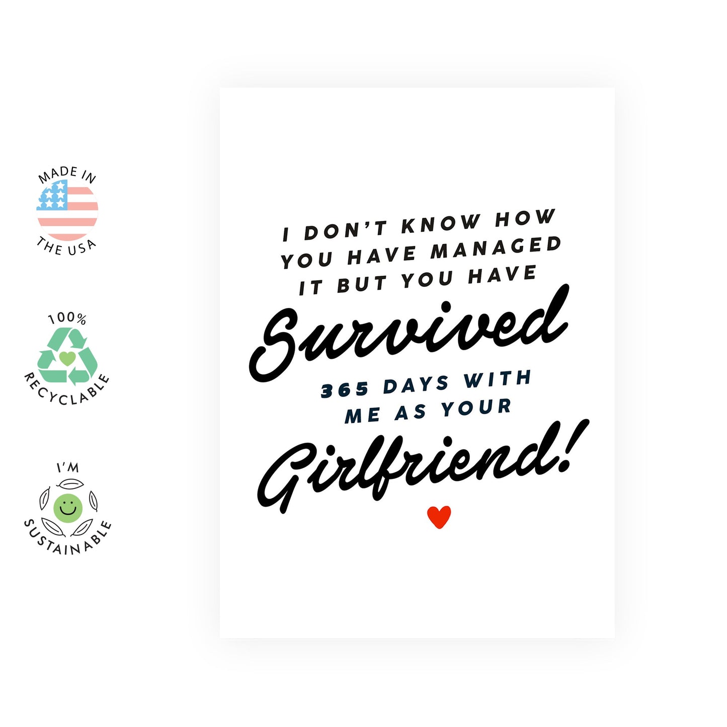 Funny Anniversary Day Card - '1 Year GF' - Romantic Gifts for Boyfriend, Boyfie, Partner - Thanks for Staying - Comes with Fun Stickers