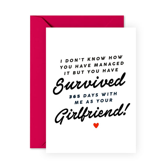Funny Anniversary Day Card - '1 Year GF' - Romantic Gifts for Boyfriend, Boyfie, Partner - Thanks for Staying - Comes with Fun Stickers