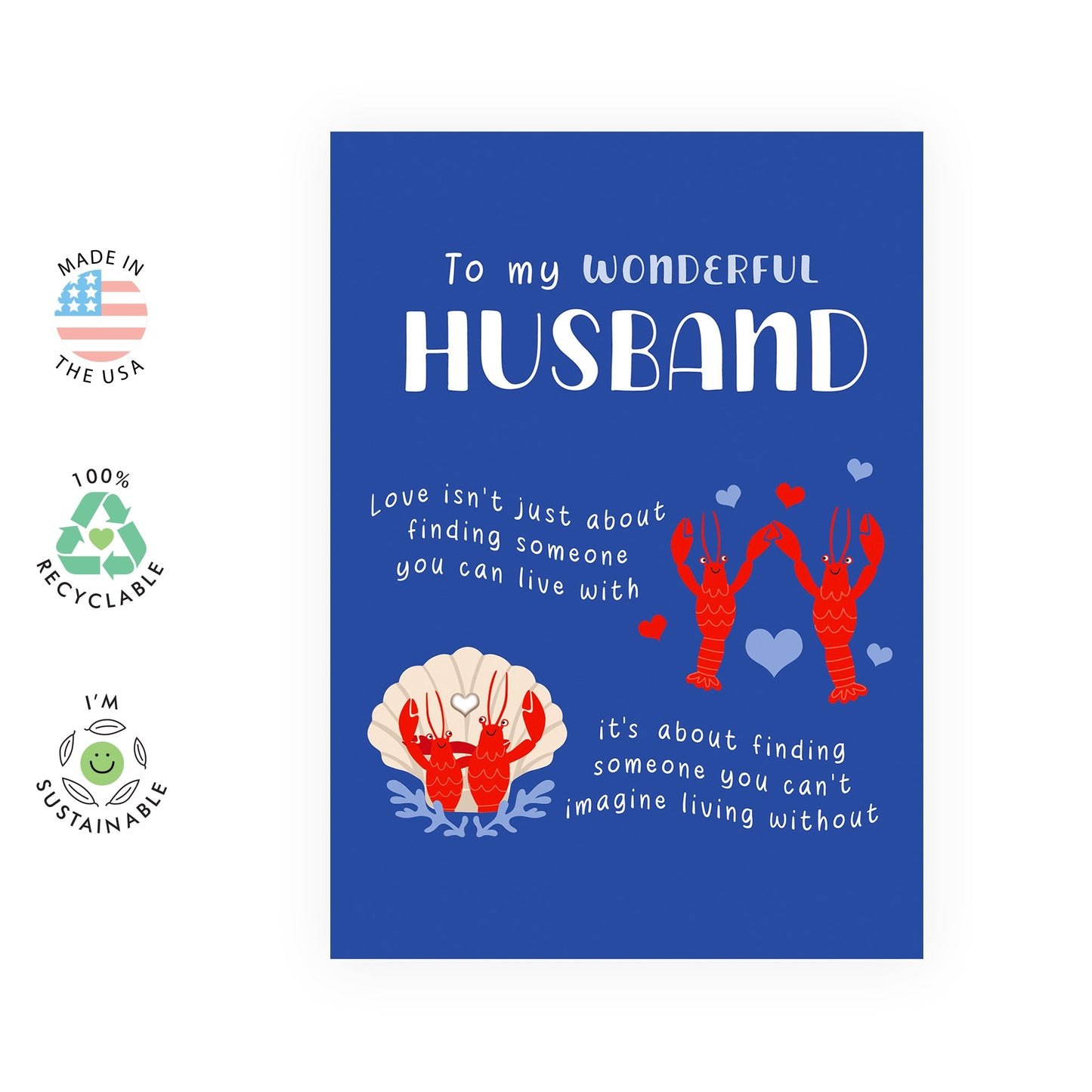 Husband Birthday Card From Wife - To My Wonderful Husband Lobster - Wedding Anniversary Card For Him - Romantic Valentines Day Card For Husband - Comes With Stickers