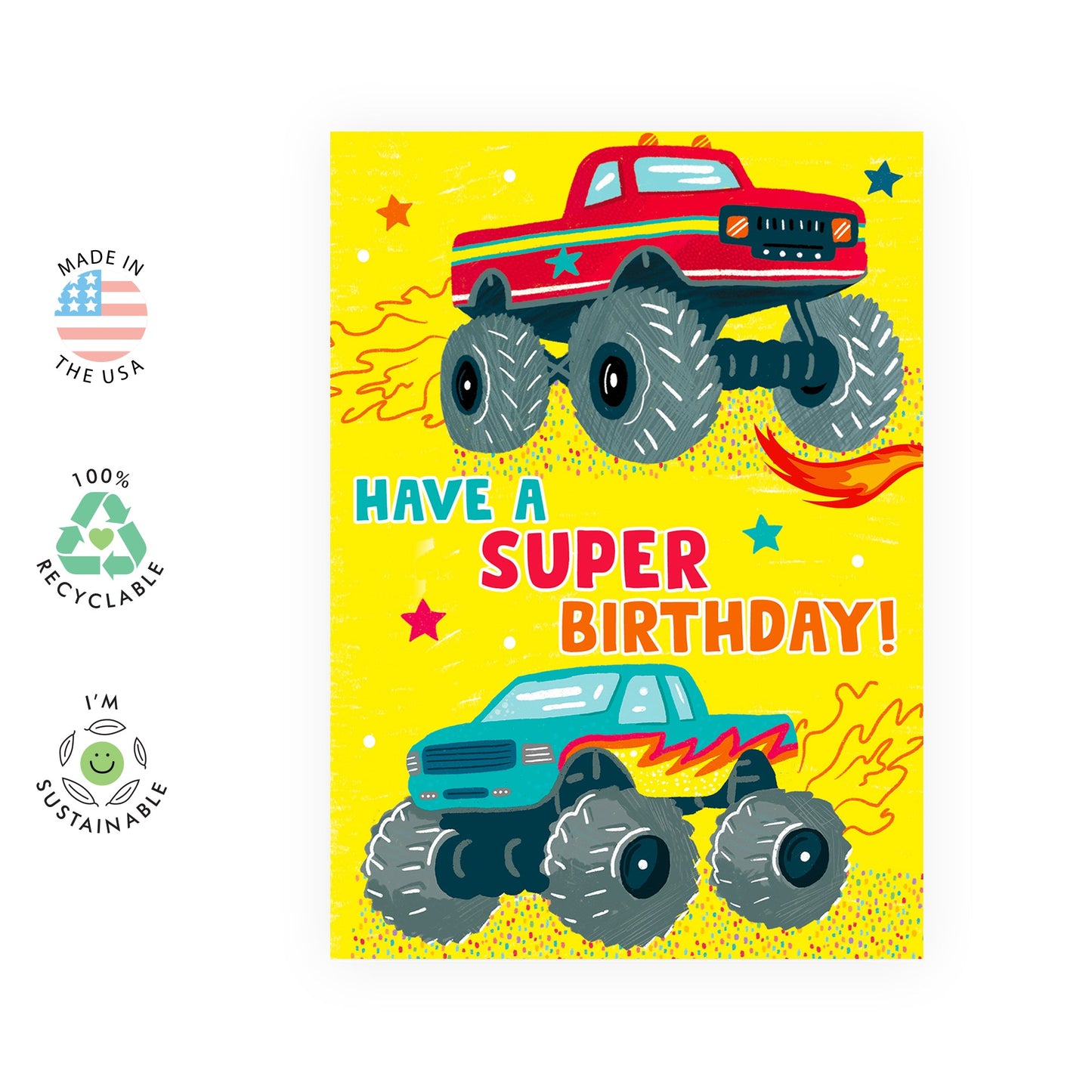 Birthday Greeting Card - 'SUPER MONSTER TRUCKS' - Perfect for Revving Up the Fun on Any Birthday Occasion - Ideal for Kids, Boys, Girls, and Boys Truck Lovers - Comes with Stickers