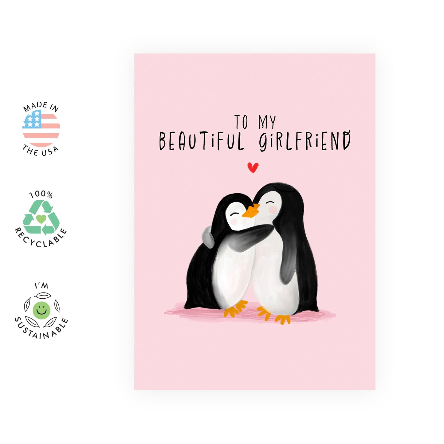 Girlfriend Birthday Card - To My Beautiful Girlfriend Penguin - Cute Anniversary Card For Her - Valentines Day Card For Couple Partner Fiancee - Comes With Stickers