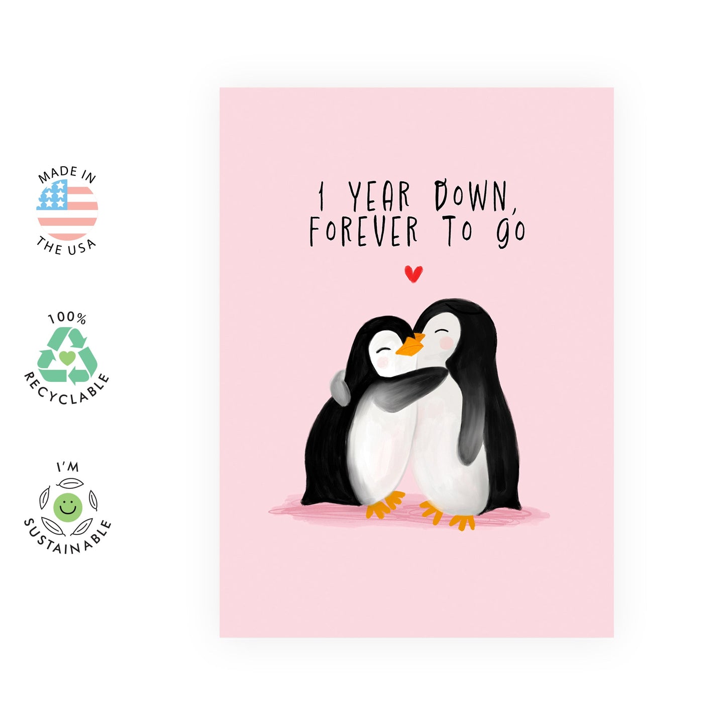1st Wedding Anniversary Card For Husband Wife - 1 Year Down Forever To Go - Penguin Anniversary Card For Boyfriend Girlfriend Couple - Comes With Stickers