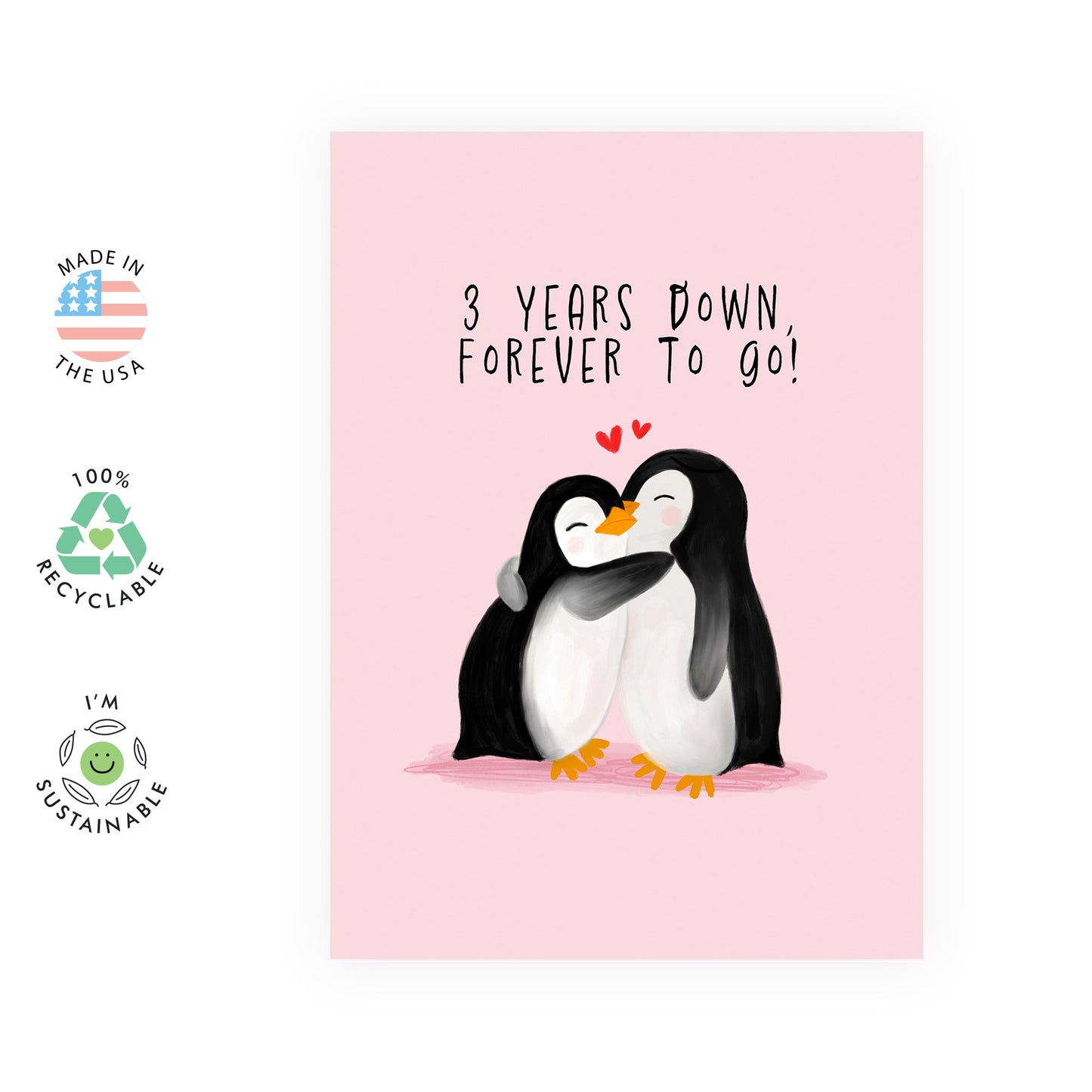 3rd Wedding Anniversary Card For Couple - 3 Years Down, Forever To Go - Penguin Anniversary Card For Husband Wife Boyfriend Girlfriend - 3 Year Anniversary - Comes With Stickers