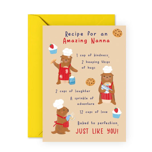 Grandma Birthday Card - Recipe Amazing Nanna - Sweet Birthday Cards For Her - Mothers Day Card - Otter Greeting Cards For Granny Grandmother - Comes With Stickers And Envelope