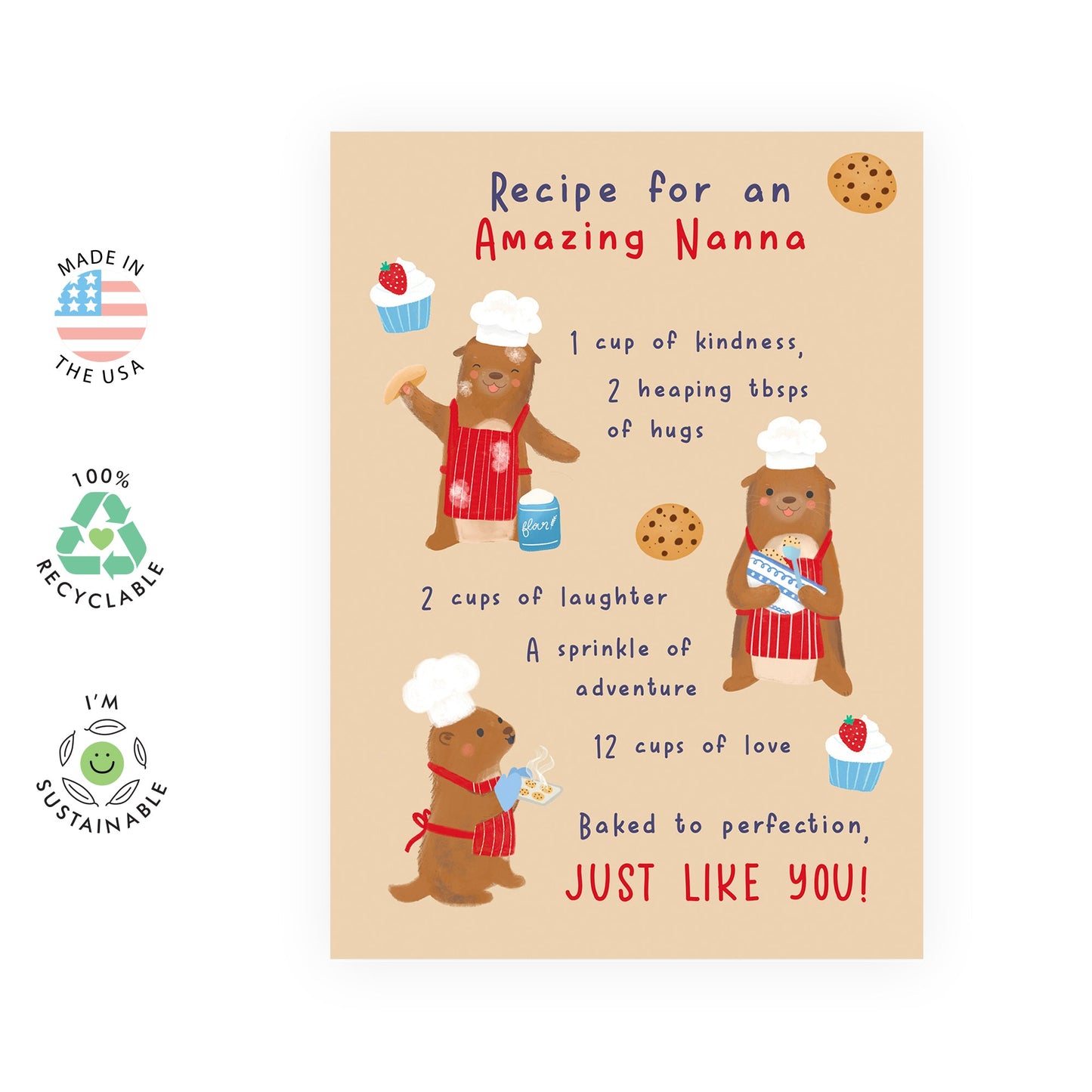 Grandma Birthday Card - Recipe Amazing Nanna - Sweet Birthday Cards For Her - Mothers Day Card - Otter Greeting Cards For Granny Grandmother - Comes With Stickers And Envelope