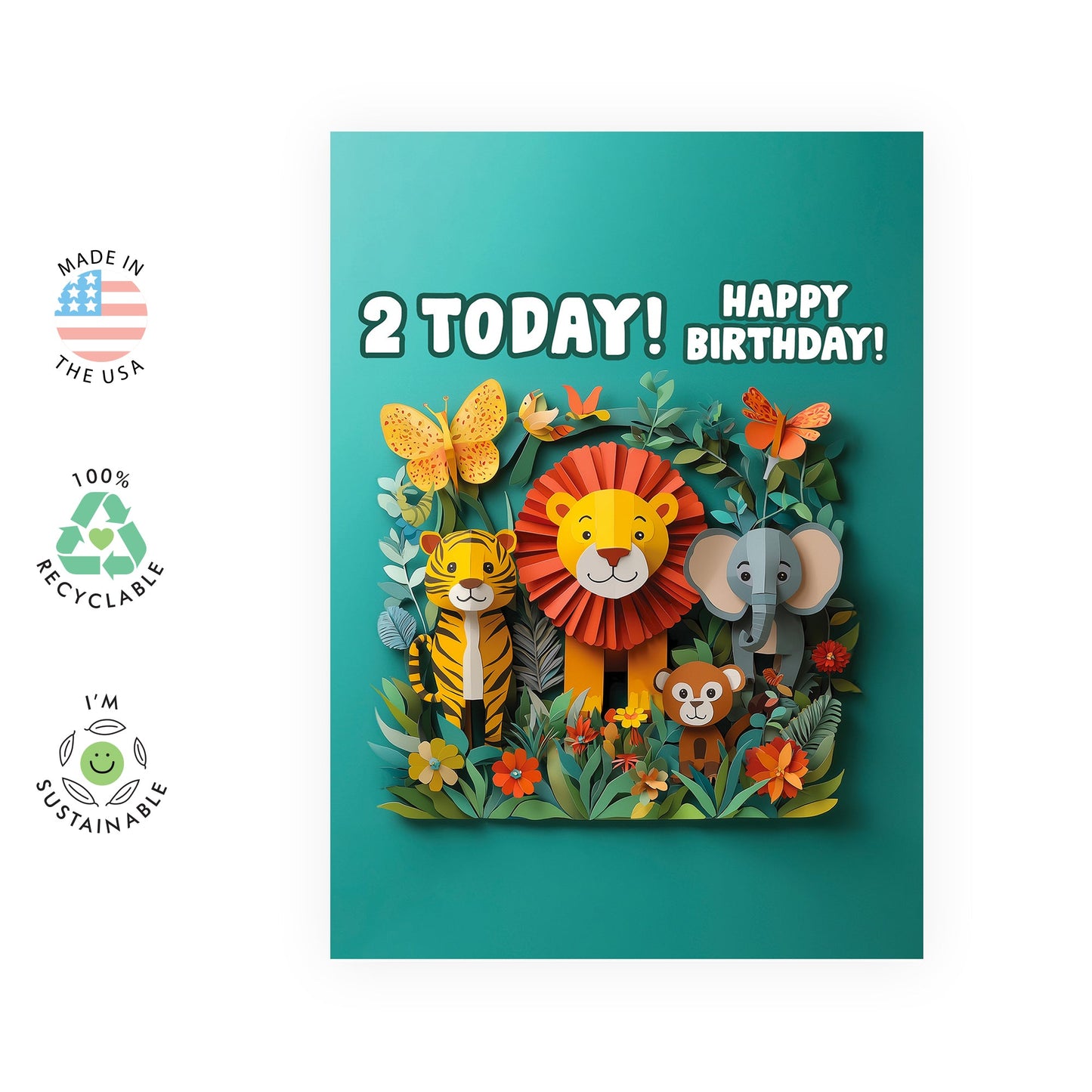 2nd Happy Birthday Card - '2D Safari Age' - Gifts for Baby Boys, Sons, Girls, Toddlers, Kids, Children, Family - Smiling Animals - Comes with Fun Stickers