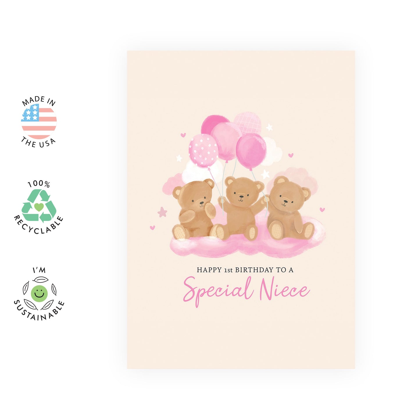 1st Birthday Card for Girls - 'Teddy Niece 1st Birthday' - Presents for Baby Girl, Toddler, Niece from Aunties & Uncles - Bears and Balloons - Comes with Fun Stickers