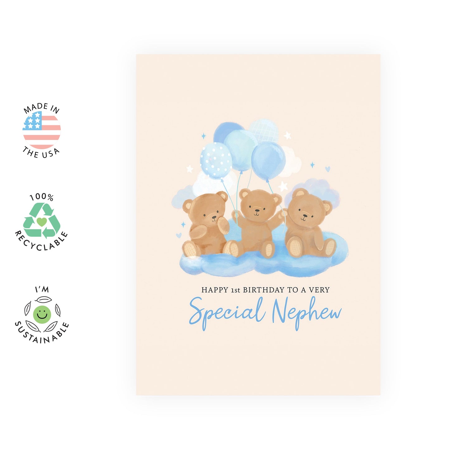 1st Birthday Baby Boy Card - 'Teddy Nephew Birthday' - Gifts for Babies, Kids, Children, Toodler from Uncle and Aunties - Toddlerhood - Comes with Fun Stickers
