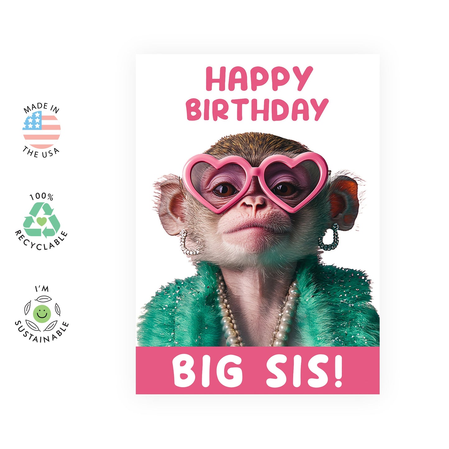 Big Sister Birthday Card Funny - Big Sis Monkey - Monkey Birthday Cards For Older Sister - Hilarious Gifts For Her Women - Comes With Cute Stickers