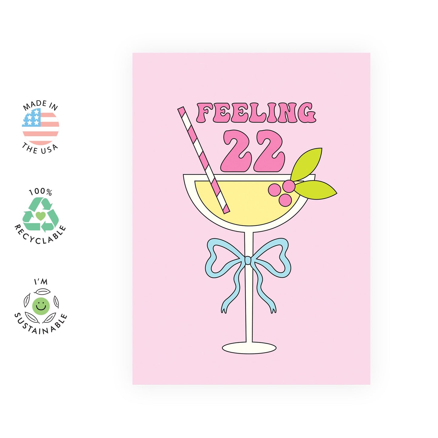 22nd Birthday Greeting Card - 'Feeling 22' - Gifts for Her, Besties, Best Friend, Cousin, Girlfriend, Sis, Gals, Colleagues, Wife - Wine and Cocktails - Comes with Fun Stickers