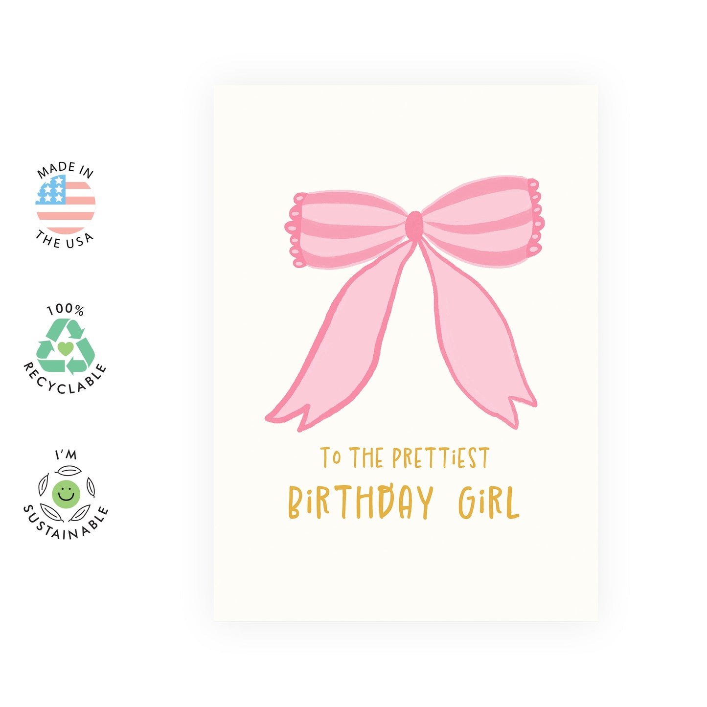 Cute Pink Bowtie Birthday Card - 'Prettiest Birthday Girl' - Gifts for Daughter, Niece, Granddaughter, Cousin, Little Sister, Kids - Pretty - Comes with Fun Stickers