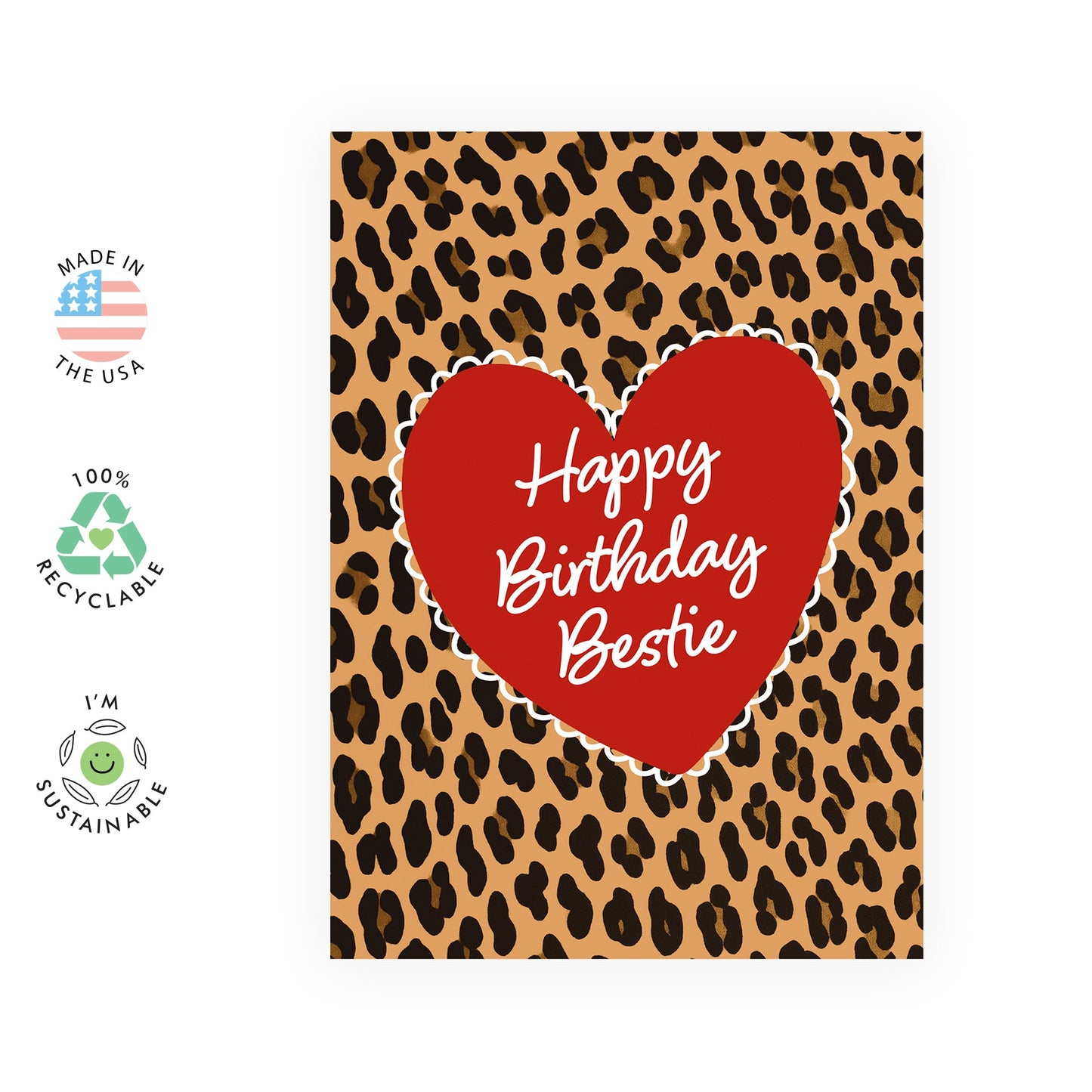 Birthday Card Classic Leopard Spots Design - 'Happy Birthday Bestie Leopard' - Gifts for Her, BFF, Sister, Women - Red Heart - Comes with Fun Stickers