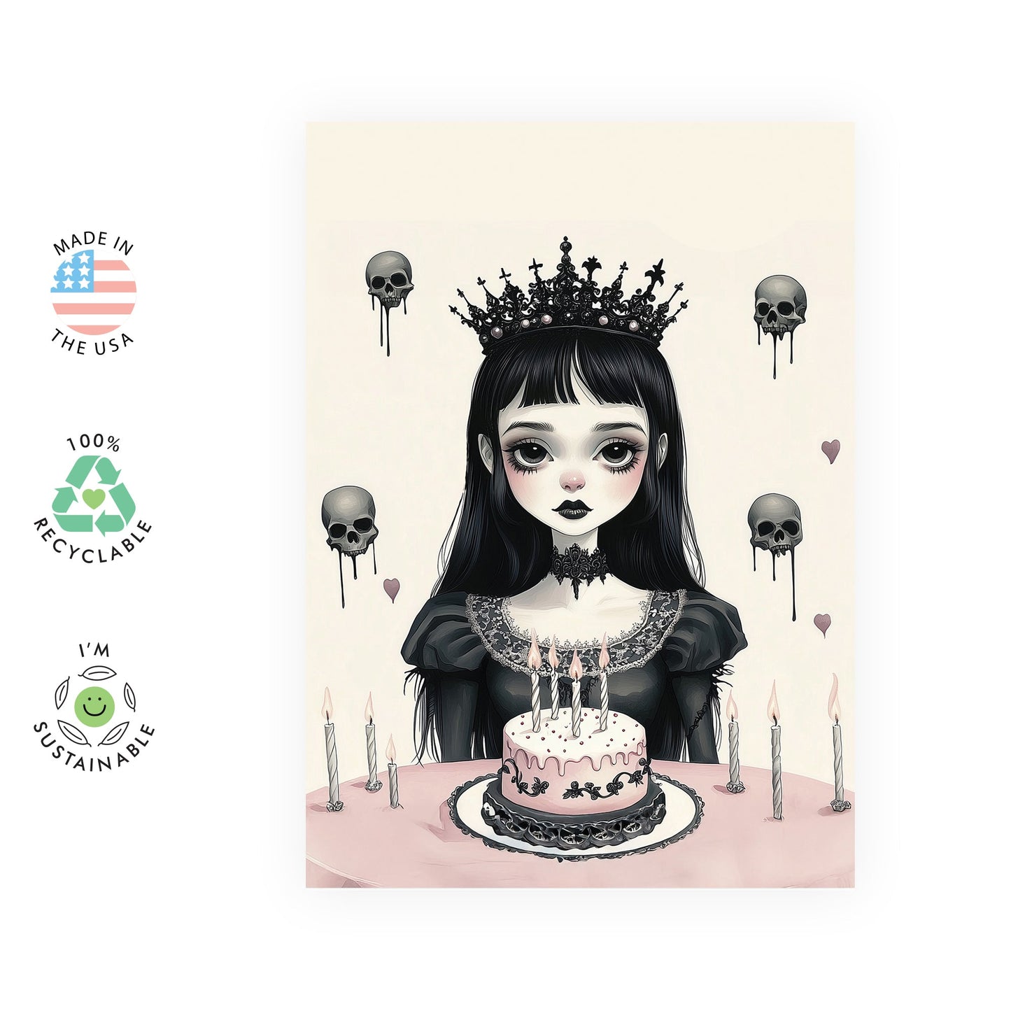 Gothic Birthday Card - 'Goth Princess Birthday Skulls' - Gifts for Friends, Colleague, Sister, Her - Black - Comes with Fun Stickers
