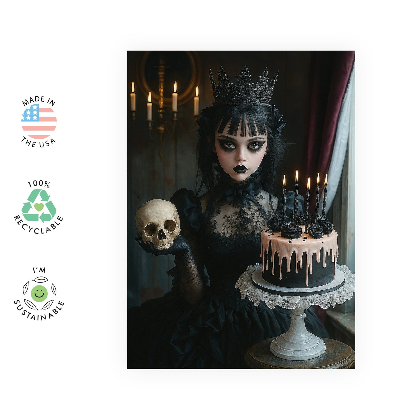 Gothic Birthday Card - 'Goth Girl Dark Birthday' - Gifts for Friends, Colleague, Sister, Her - Black - Comes with Fun Stickers