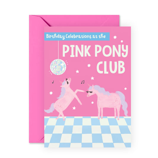Fun Birthday Card For Friends - 'Pink Pony Club' - Gifts for Friends, Besties, BFF, Sister, Girls, Her - Horse Disco Dance - Comes with Fun Stickers