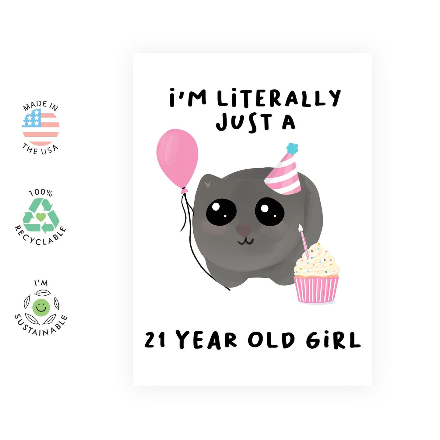 '- Cute 21st Birthday Card - 'Just A 21 Year Old Girl' - Adorable Card for Her 21st Birthday Celebration - Comes with Fun Stickers