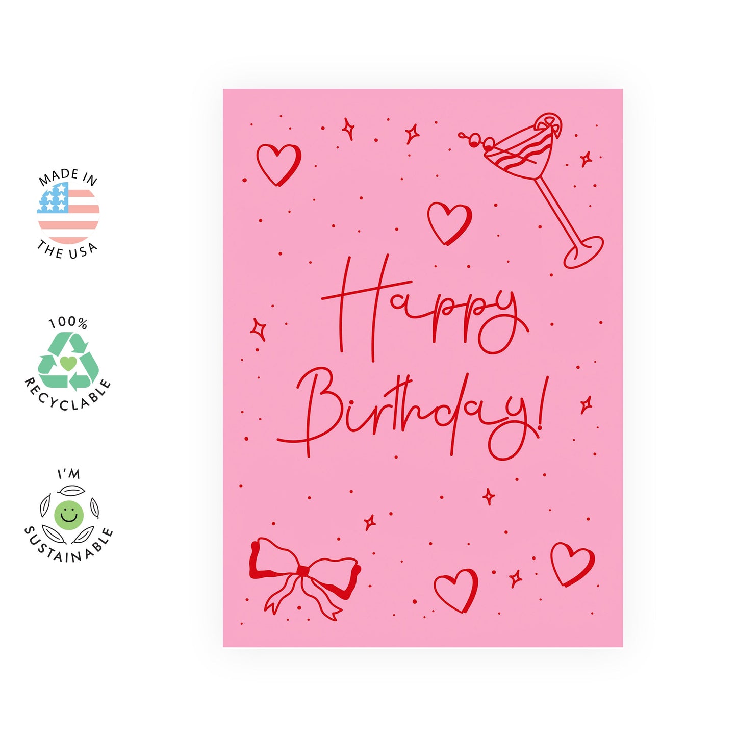 Happy Birthday Card - Fun Cocktail and Bow Design - Perfect for Friends, Besties, BFF, Her, Women, Family, or Colleagues - Blank Inside with Premium Red Envelope