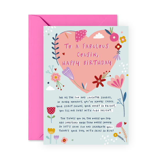 Heartfelt Birthday Card for Cousin - Floral Design with Sweet Message - Fabulous Birthday Greetings for Her, Woman, Girls, Ladies, Relatives, Special Cousins