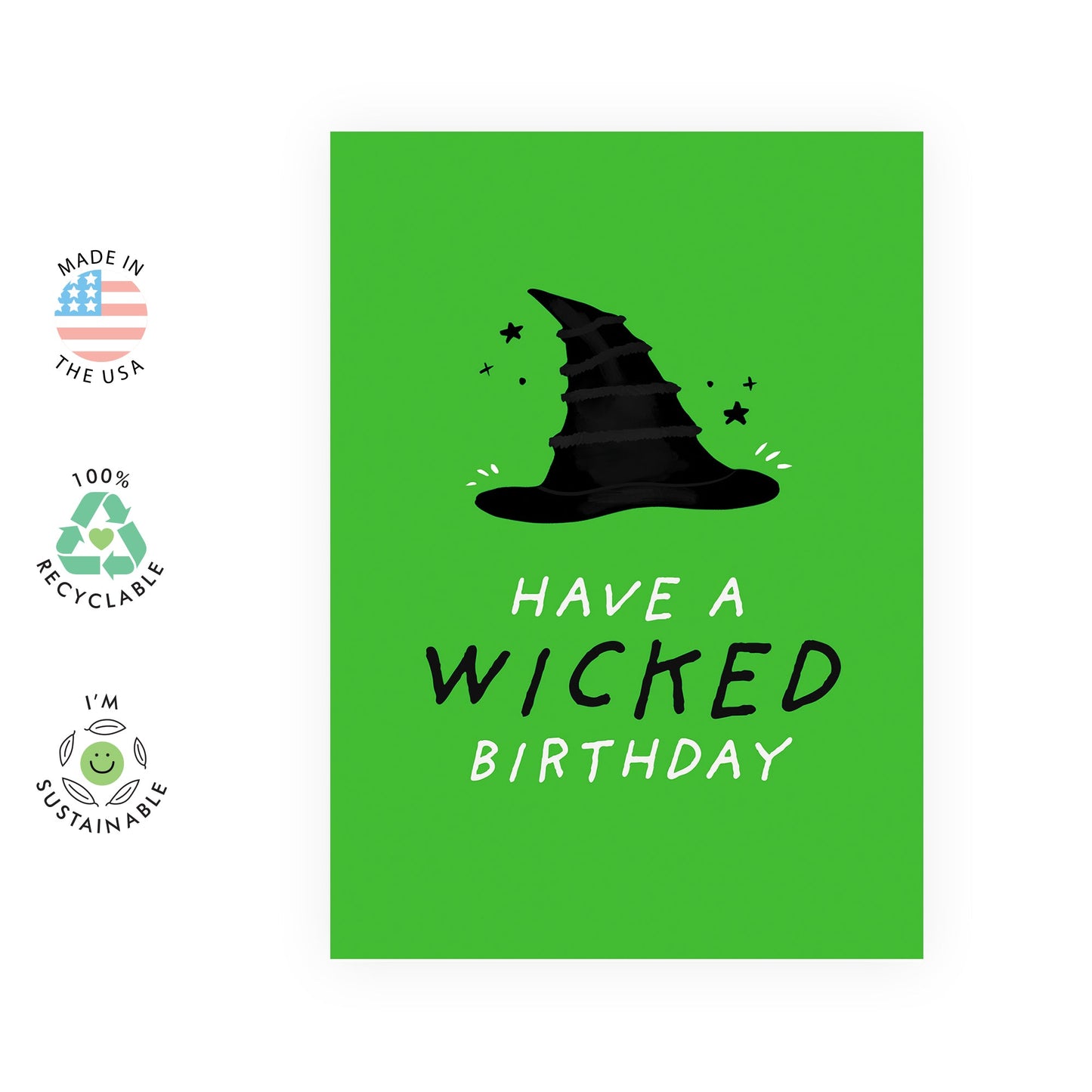 Wicked Birthday Card - Fun Witch Hat Design - Halloween Birthday Card for Friends, BFF, Bestie, Family, Him or Her - Magical Green Theme - Comes with Fun Stickers