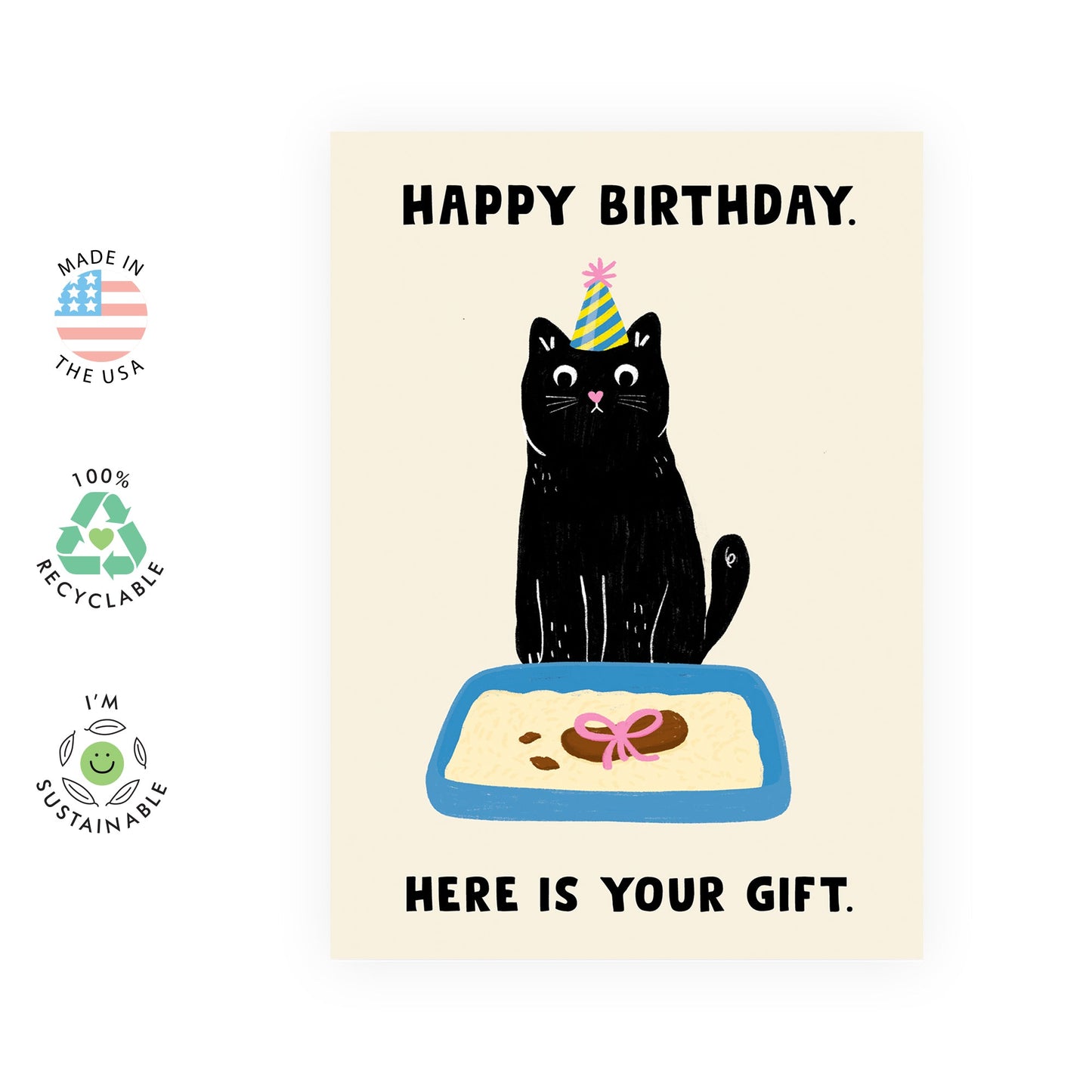 Funny Cat Birthday Card β "Here Is Your Gift" β Humorous Black Cat Litter Box Joke β For Cat Lovers, Fur Mom, Dad, Pet Owners, Colleagues, Him, Her, Friends & Family - Comes with Fun Stickers