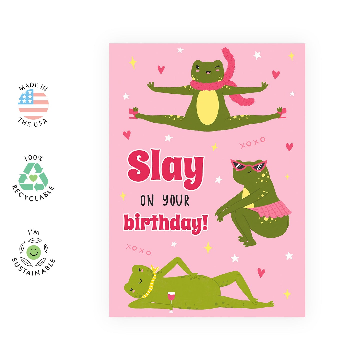 Cheering Frog Birthday Card - Slay on Your Birthday! - Cute and Sassy Greeting Card for Friends, Sister, Besties, BFF, Girlfriend, Colleagues, Coworker, Her - Comes with Fun Stickers