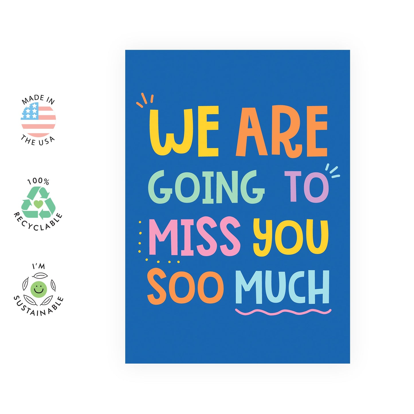 Leaving Card - "We Will Miss You So Much" - Bright and Cheerful Farewell Card for Coworkers, Colleague, Friend, Officemates or Loved One - Goodbye Card with Yellow Envelope - Comes with Fun Stickers