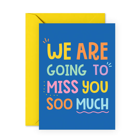 Leaving Card - "We Will Miss You So Much" - Bright and Cheerful Farewell Card for Coworkers, Colleague, Friend, Officemates or Loved One - Goodbye Card with Yellow Envelope - Comes with Fun Stickers