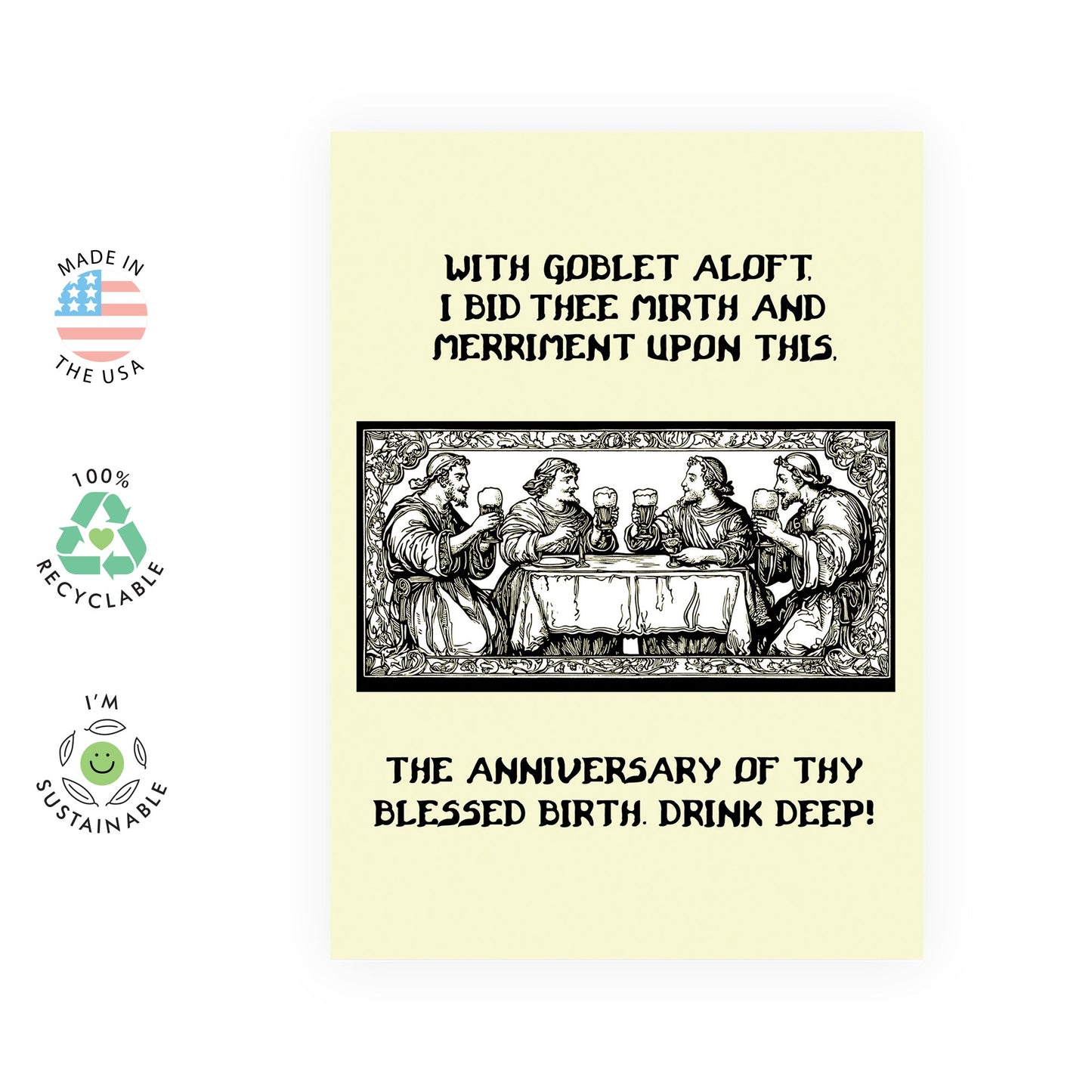 Medieval-Themed Funny Birthday Card Women Men – ‘With Goblet Aloft, I Bid Thee Mirth and Merriment’ – Gifts for History Buffs, Beer Lovers, Dad, Uncle, Grandpa, Professor - Comes with Stickers