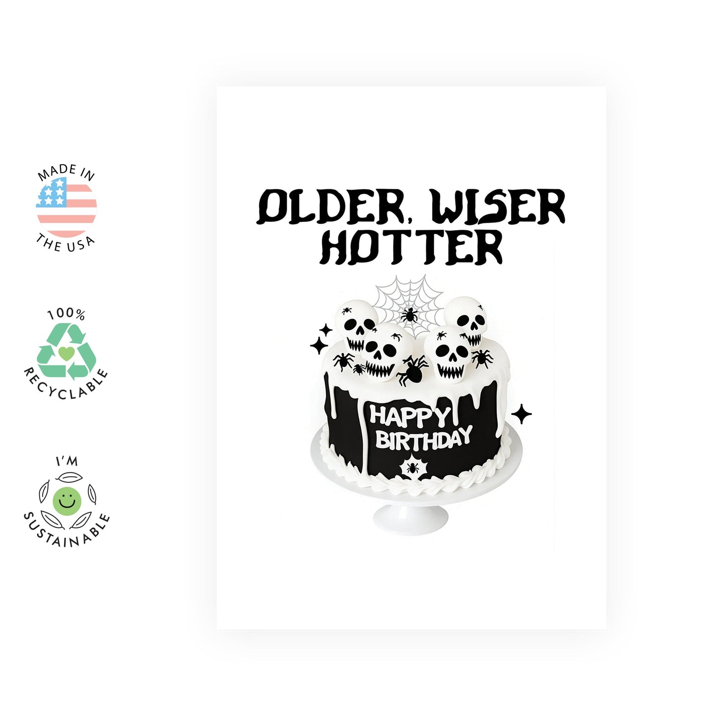 Gothic Cake Birthday Card Women – ‘Older, Wiser, Hotter’ Skulls – Gifts for Alternative, Emo, Goth Friends, Music Lovers, Friends, BFF, Bestie, Cool Girls, Ladies, Girls, Female - Comes with Stickers