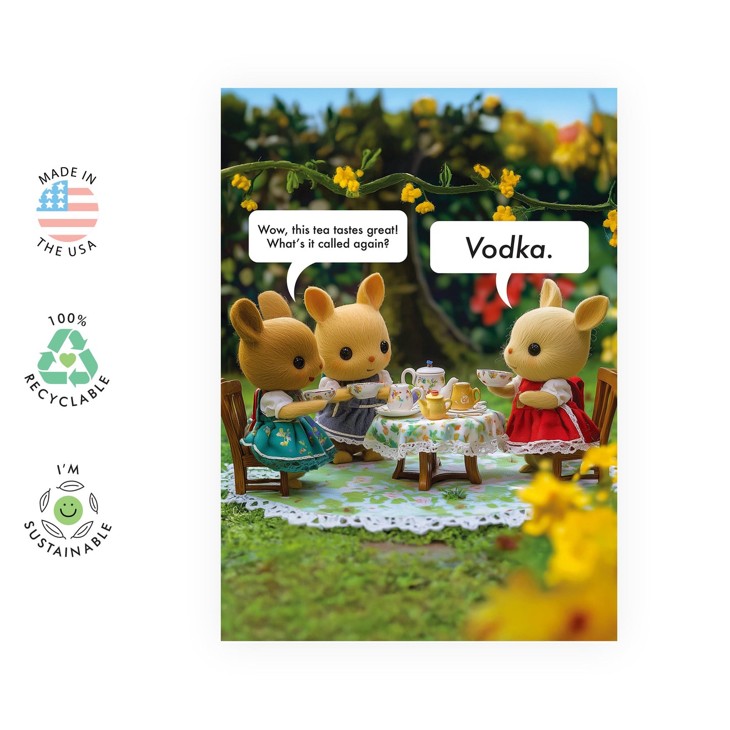 Vodka-Themed Greeting Card – “ What’s It Called Again? Vodka.” – Gifts for Friends, Colleagues, BFF, Bestie, Sister, Brother, Him, Her, Aunt, Family - Funny Bunny Tea Party - Comes with Stickers