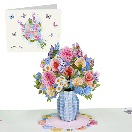 Flower Pop Up Card - Pastel Flowers and Butterfly - For Women Girls Her
