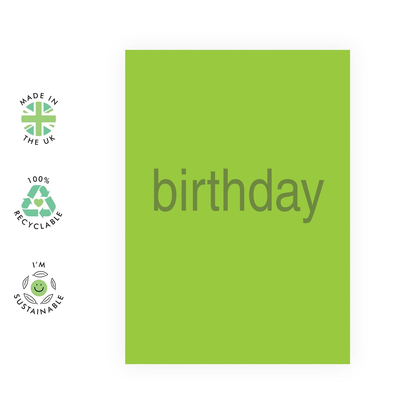 Minimalist Birthday Card for Him Her – 'Birthday' - Simple Green Greeting Gift for Friends, Colleagues, Women, Men, Coworkers, Cousin, Partner, BFF, Brother, Sister - Comes with Fun Stickers
