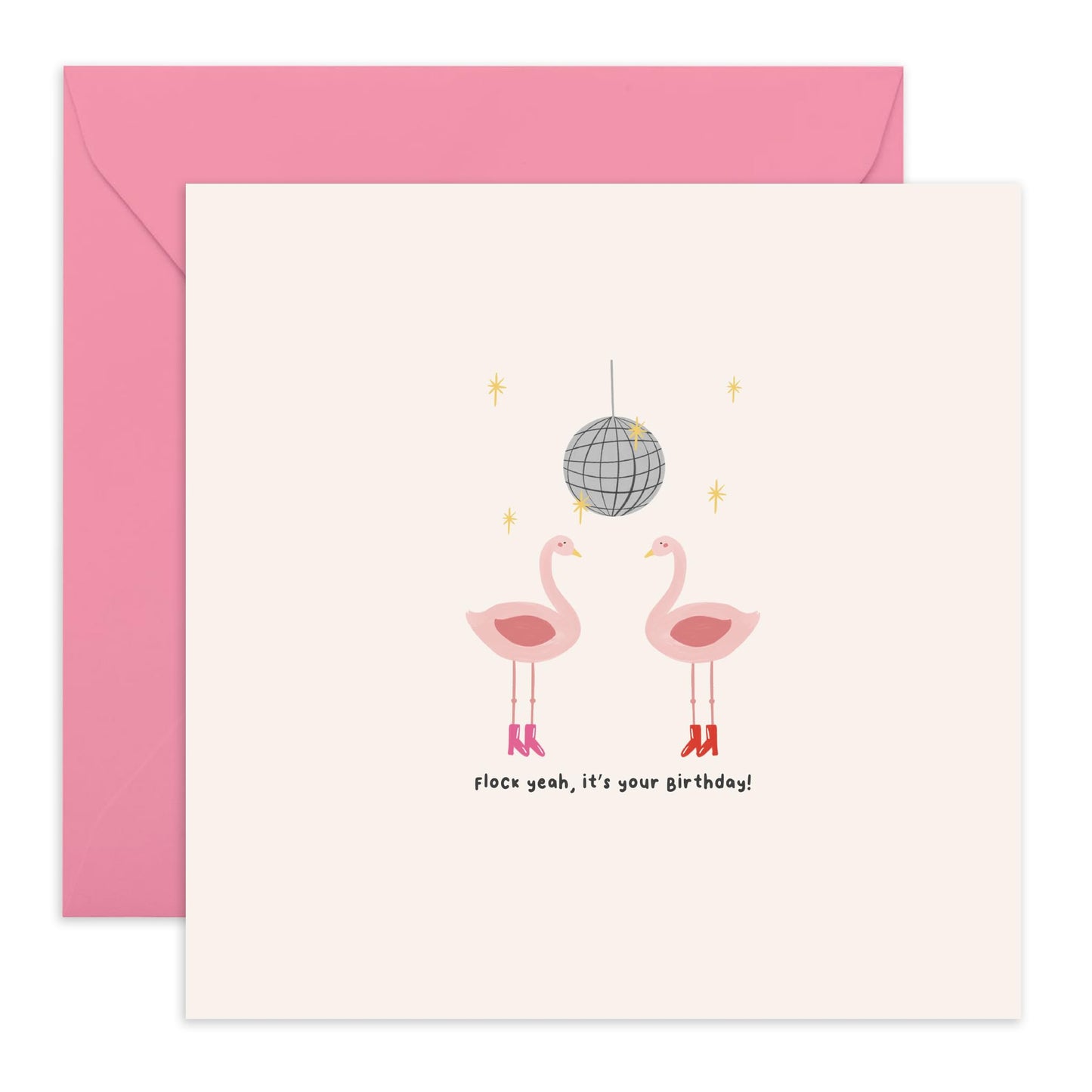 Pink Birthday Card –' Flock Yeah' Disco Theme – Quirky Birthday Greeting for Her, Besties, BFF, Girlfriend, Sister, Friends, Family, and Party Lovers - Comes with Fun Stickers