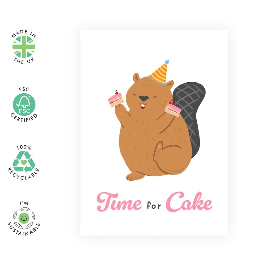 Funny Birthday Cards For Women - Time For Cake - Beaver Birthday Gifts - Cute Birthday Card Gifts For Sister Girlfriend Wife Friends - Comes With Fun Stickers - By Central 23