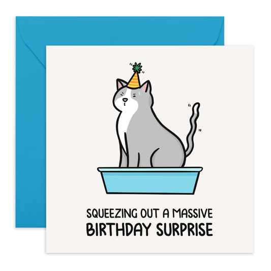 Adorable Greeting Card - 'CAT SQUEEZING BIRTHDAY SURPRISE' - Featuring a Cute Cat Illustration for a Purr-fect Birthday Greeting - Ideal for Cat Lovers and Friends - Comes With Stickers By Central 23